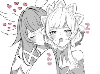 2girls bare_shoulders blush closed_eyes closed_mouth columbina_(genshin_impact) commentary dress genshin_impact greyscale heart highres long_hair monochrome multiple_girls off-shoulder_dress off_shoulder open_mouth pomenooekaki sandrone_(genshin_impact) spot_color yuri
