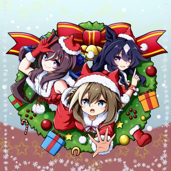 3girls absurdres animal_ears animal_hat arm_up bell bow box brown_hair candy candy_cane cheval_grand_(umamusume) christmas_wreath commentary_request dress fake_animal_ears food fur-trimmed_headwear fur-trimmed_jacket fur-trimmed_sleeves fur_trim gift gift_box gloves hat highres horse_ears jacket kuena mini_hat mini_santa_hat multicolored_hair multiple_girls purple_eyes red_bow red_dress red_gloves red_jacket santa_costume santa_hat sleeveless sleeveless_dress snowflakes star_(symbol) streaked_hair striped_bow twintails two-tone_hair umamusume verxina_(umamusume) vivlos_(umamusume) w white_hair wreath