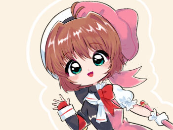 1girl :d antenna_hair black_dress blush bow brown_hair cardcaptor_sakura choppy_bangs commentary_request dress green_eyes hat highres holding holding_wand kinomoto_sakura kinomoto_sakura_(magician) long_sleeves looking_at_viewer magical_girl okubatomaeba open_mouth pink_dress pink_hat red_bow short_hair short_sleeves smile solo two-tone_dress two-tone_hat upper_body wand waving white_hat yellow_background