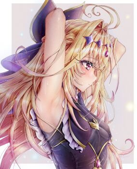 1girl antenna_hair armpits arms_behind_head arms_up bare_shoulders black_dress blonde_hair bow breasts brooch commander_kei commentary_request cure_arcana_shadow diamond_hairband dress facing_to_the_side hair_intakes heart heart_brooch highres jewelry long_hair magical_girl meitantei_precure! moria_luluka pink_eyes precure profile simple_background sleeveless sleeveless_dress small_breasts solo sweat wet wet_hair