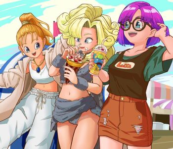3girls ayla_(chrono_trigger) black_tank_top blonde_hair blue_eyes blue_gemstone blunt_bangs blunt_ends breasts brown_skirt cavewoman chrono_trigger coat cowboy_shot crop_top cup curly_hair eating food food_on_face fur_shirt fur_skirt fur_wrist_cuffs gem glasses green_shirt grey_coat grey_eyes grey_fur grey_scarf hand_in_own_hair holding holding_cup holding_ice_cream_cone ice_cream_cone jewelry long_hair lucca_ashtear marle_(chrono_trigger) medium_breasts midriff multiple_girls navel open_mouth pants pendant ponytail purple_hair scarf shirt sidelocks skirt smile tank_top torn_clothes torn_skirt tortortoall white_pants white_shirt wrist_cuffs