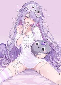 1girl absurdres blush breasts castellayaki chemise chest_jewel choker colored_inner_hair commentary covering_own_mouth english_text gem hair_over_one_eye hand_jewel hand_over_own_mouth highres hololive hololive_english hug indoors jewel_under_eye koseki_bijou koseki_bijou_(pebble_pajamas) long_hair multicolored_hair on_bed open_mouth panties panty_peek pebble_(koseki_bijou) print_camisole purple_eyes purple_gem purple_hair shirt single_off_shoulder sitting sleep_mask sleepy solo squeans striped_clothes striped_thighhighs swept_bangs thighhighs underwear very_long_hair virtual_youtuber wariza white_chemise white_choker white_panties white_shirt yawning
