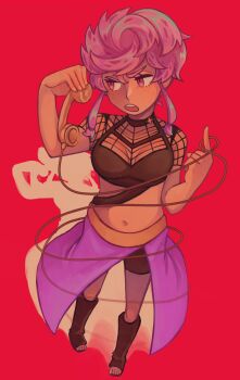 1girl black_shirt boots commentary corded_phone english_commentary fishnet_top fishnets freckles full_body highres holding holding_phone jojo_no_kimyou_na_bouken looking_to_the_side malan open_mouth phone pink_background pink_eyes pink_hair pompadour purple_skirt shadow shirt short_hair shorts skirt solo teeth trish_una upper_teeth_only