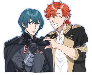 2boys armor black_armor black_gloves blue_hair cape closed_mouth commentary_request fire_emblem fire_emblem:_three_houses garreg_mach_monastery_uniform gloves heart_hands_failure male_byleth_(fire_emblem) multiple_boys nintendo open_mouth orange_hair purple_eyes s_oxox short_hair simple_background smile sylvain_jose_gautier thumbs_up white_background