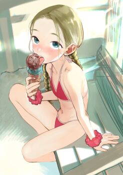1girl barefoot bench bikini braid brown_hair commentary_request flat_chest food full_body green_eyes haguhagu_(rinjuu_circus) highres ice_cream licking long_hair low_twintails original red_bikini red_scrunchie revision sasha_(haguhagu) scrunchie sitting solo swimsuit tongue tongue_out twin_braids twintails wrist_scrunchie