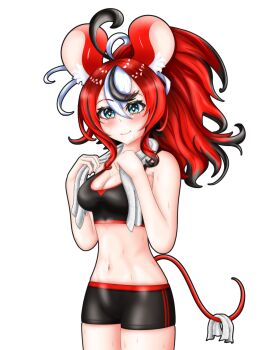 1girl absurdres animal_ears blue_eyes breasts cleavage commentary english_commentary hakos_baelz highres hololive hololive_english long_hair medium_breasts mouse_ears mouse_girl mouse_tail multicolored_hair navel red_hair rk_genki simple_background smile solo stomach streaked_hair sweat tail thigh_peek towel towel_around_neck virtual_youtuber white_background workout_clothes