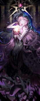 1girl :&lt; absurdres bare_arms bare_shoulders black_dress black_hands black_veil blue_eyes blue_veil centauroid chimera closed_mouth colored_extremities dark_background dress gem glowing hands_up highres long_hair monster_girl nautika_(reverse:1999) pink_gemstone plunging_neckline popo_07274 reverse:1999 solo strapless strapless_dress talons taur two-tone_veil upper_body veil very_long_hair