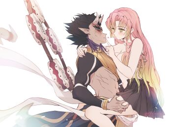 1boy 1girl abs arm_around_shoulder artist_name black_hair blush breasts carrying carrying_person cleavage colored_sclera demon_boy finger_to_another's_mouth gradient_hair green_eyes green_hair heart hetero highres horns kanroji_mitsuri kimetsu_no_yaiba long_hair looking_at_another mole mole_under_eye multicolored_hair navel pink_hair pointy_ears profile rainyforesty red_sclera revision simple_background topless_female white_background yellow_eyes zohakuten_(kimetsu_no_yaiba)