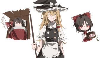 Rule 34 | apron, black skirt, black vest, blonde hair, bow, box, braid, broom, brown hair, chibi, closed eyes, closed mouth, detached sleeves, donation box, gloom (expression), gohei, hair between eyes, hair tubes, hakurei reimu, hat, highres, holding, holding broom, kirisame marisa, long hair, medium hair, red bow, red eyes, red shirt, red skirt, shirt, short sleeves, side braid, skirt, sleeping, smile, tearing up, touhou, under covers, vest, white background, white shirt, witch hat, wssjzwcmd