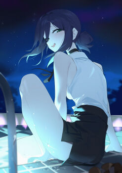 1girl :d absurdres bare_arms bare_legs bare_shoulders black_choker black_hair black_skirt chainsaw_man choker commentary from_behind green_eyes hair_bun highres looking_at_viewer looking_back medium_hair night open_mouth pencil_skirt poolside reze_(chainsaw_man) shirt single_hair_bun sitting skirt sleeveless sleeveless_shirt smile solo teeth tile_floor tiles upper_teeth_only wako_(1194433260) water white_shirt