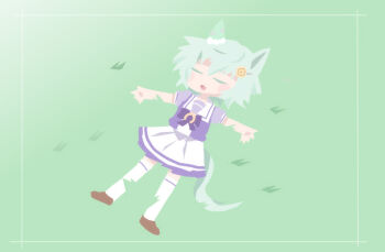 1girl :d animal_ears beer_hsk blush_stickers bow brown_shoes closed_eyes commentary_request fang flower grass grey_hair hair_flower hair_ornament hairclip horse_ears horse_girl horse_tail lying on_back on_grass open_mouth outstretched_arms purple_bow purple_shirt school_uniform seiun_sky_(umamusume) shirt shoes skirt smile solo spread_arms tail thighhighs tracen_school_uniform umamusume white_skirt white_thighhighs yellow_flower