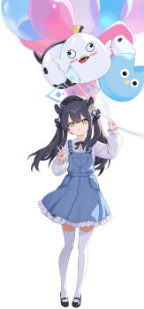 1girl absurdres animal_ear_fluff animal_ears balloon black_bow black_hair black_hat black_shoes blue_archive blue_halo blue_overalls blue_skirt bow commentary green_eyes halo hat highres holding holding_balloon jamgom open_mouth overalls peroro_(blue_archive) shirt shoes shun_(blue_archive) shun_(small)_(blue_archive) skirt solo thighhighs twintails v white_shirt white_thighhighs
