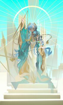 Rule 34 | 1girl, 37 (reverse:1999), absurdres, ancient greek clothes, arm up, armlet, biquan dogger, blue background, blue eyes, blue hair, full body, geometry, gold choker, greco-roman clothes, hair between eyes, halo, halo behind head, highres, jewelry, laurel crown, long hair, looking at viewer, math, reverse:1999, single bare shoulder, smile, solo, stairs, standing, sunburst, toga, very long hair