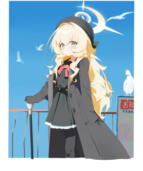 1girl :3 absurdres arm_at_side artist_name beret bird black_coat black_dress black_gloves black_hat black_pantyhose black_sailor_collar blonde_hair blue_archive blue_sky blush border bow bowtie buttons cane chinese_commentary closed_mouth coat commentary_request cropped_legs crossed_bangs dove dress fluffy_hair frilled_dress frills glint gloves green_eyes hair_between_eyes halo hat highres holding holding_cane long_hair long_sleeves looking_at_viewer open_clothes open_coat pantyhose professor_niyaniya_(blue_archive) red_bow red_bowtie sad_bread sailor_collar sky sleeves_past_wrists smile solo split_mouth white_bird white_border yellow_halo