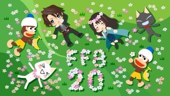&gt;_&lt; :d absurdres anniversary arm_behind_head banana bare_shoulders belt bike_shorts black_cat black_hair black_jacket black_pants black_shirt black_shoes black_shorts blue_arm_warmers blue_cardigan blue_eyes blue_shirt blush_stickers bow bowtie brown_hair cardigan cat chibi chibi_only closed_eyes doko_demo_issho field final_fantasy final_fantasy_viii flower flower_field flower_necklace food fruit fur-trimmed_jacket fur_trim grey_shirt hair_between_eyes hat head_wreath highres holding holding_food holding_fruit inoue_toro jacket jewelry kuro_(doko_demo_issho) long_hair monkey multicolored_hair multiple_belts necklace official_art open_mouth outstretched_arm pants pink_flower pipo_monkey red_bow red_bowtie rinoa_heartilly saru_getchu scar scar_on_face scar_on_forehead shirt shoes shorts smile solid_circle_eyes squall_leonhart streaked_hair white_cat white_flower white_hat xd yellow_shorts