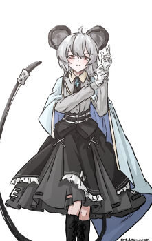 1girl absurdres adapted_costume ahoge animal_ears artist_name black_boots black_skirt blue_cape blush boots cape chinese_commentary closed_mouth collared_shirt commentary_request frown gloves grey_hair grey_shirt highres knee_boots lace-up_boots long_sleeves looking_at_viewer mixed-language_commentary mouse_ears mouse_girl mouse_tail nazrin one-hour_drawing_challenge red_eyes shirt simple_background skirt solo tail touhou ve1024 white_background white_gloves