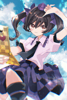 Rule 34 | 1girl, :3, black hair, black necktie, black socks, blush, bow, breasts, brown eyes, camera phone, cellphone, checkered clothes, checkered skirt, cloud, collared shirt, commentary request, cowboy shot, flip phone, hair ribbon, hat, highres, himekaidou hatate, holding, holding phone, katsuragi atori, kneehighs, looking at viewer, necktie, phone, pink shirt, purple bow, purple hat, purple ribbon, purple skirt, ribbon, shirt, short hair, short sleeves, skirt, sky, smile, socks, solo, square-end necktie, tokin hat, touhou, twintails