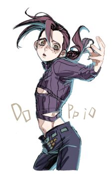 1boy belt blue_pants blush braid brown_eyes character_name cleavage_cutout clothing_cutout cowboy_shot crop_top dynamic_pose english_text freckles grey_belt hair_between_eyes highres jojo_no_kimyou_na_bouken long_hair male_focus midriff open_fly open_mouth pants pink_hair purple_sweater sen_(aypj8447) solo stomach_cutout sweater trap turtleneck turtleneck_sweater vento_aureo vinegar_doppio white_background