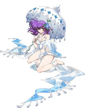 1girl bare_arms bare_legs bare_shoulders barefoot between_legs blue_flower blue_nails blue_shawl bow breasts bridal_lingerie choker cleavage closed_mouth collarbone floating_hair flower full_body game_cg gem hair_between_eyes hair_bow hair_flower hair_ornament hairband hand_between_legs holding holding_umbrella kneeling lambda_(langrisser) langrisser langrisser_mobile langrisser_v large_breasts legs lingerie looking_at_viewer medium_hair multicolored_shawl nail_polish official_alternate_costume official_art pearl_(gemstone) plant purple_hair ribbon see-through_clothes see-through_shawl shawl simple_background sitting smile solo tachi-e tassel third-party_source toenail_polish toenails transparent_background umbrella underwear vines wariza white_bow white_choker white_ribbon white_shawl white_umbrella yellow_eyes