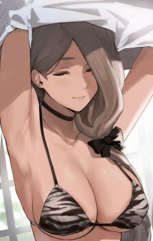 1girl alternate_costume animal_print armpits bikini blonde_hair bow breasts choker cleavage clothes_lift closed_eyes female_focus fire_emblem fire_emblem:_three_houses hair_over_shoulder highres indoors j@ck large_breasts long_hair mercedes_von_martritz nintendo shirt shirt_lift sideboob smile solo swimsuit tiger_print underboob undressing upper_body white_bikini window