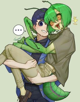... 1boy 1girl arthropod_girl bandaid bandaid_on_neck bite_mark blue_eyes blue_hair brown_pants brown_shirt carrying colored_sclera colored_skin extra_arms eyebrow_piercing face_piercing green_hair green_skin grin hair_between_eyes hand_on_another&#039;s_shoulder hand_on_another&#039;s_thigh highres looking_at_viewer mantis_girl monster_girl original pants piercing praying_mantis sharp_teeth shirt small_pupils smile sparrowl sweatdrop teeth yellow_sclera