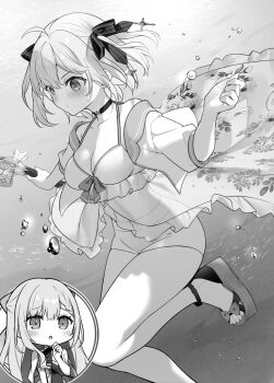 2girls anisphia_wynn_palettia blush breasts choker cleavage closed_mouth commentary_request euphyllia_magenta greyscale hair_ribbon hands_up highres holding holding_sword holding_weapon kisaragi_yuri long_hair looking_at_another medium_hair monochrome multiple_girls ocean open_mouth outdoors ribbon sandals shorts sword tensei_oujo_to_tensai_reijou_no_mahou_kakumei toes two_side_up weapon