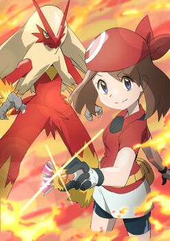 1girl bandana bike_shorts_under_skirt blaziken blue_eyes brown_hair closed_mouth commentary_request eyelashes fanny_pack fire gen_3_pokemon gloves highres holding may_(pokemon) nintendo pink_ribbon pokemon pokemon_(anime) pokemon_(creature) pokemon_rse_(anime) red_bandana red_shirt ribbon shirt short_sleeves skirt smile split_mouth white_skirt yellow_bag yusuke_oshida
