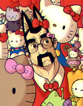 1boy black_hair bow bowtie collared_shirt commentary english_commentary facial_hair glasses grgxrt hello_kitty highres looking_to_the_side male_focus mustache original receding_hairline red_bow red_sweater sanrio shirt short_hair solo stubble sweater thick_eyebrows very_short_hair whiskers white_shirt