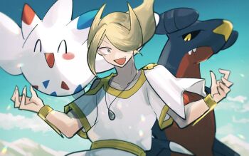 1boy ^_^ black_sclera blonde_hair blue_sky closed_eyes cloud colored_sclera commentary day garchomp gen_4_pokemon hair_over_one_eye highres jewelry male_focus nintendo open_mouth outdoors pendant pokemon pokemon_(creature) pokemon_legends:_arceus short_sleeves sky togekiss upper_body volo_(pokemon) yellow_eyes zowpltvujg13047