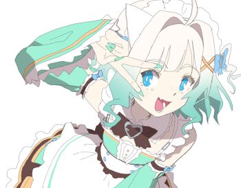 Rule 34 | 1girl, absurdres, ahoge, apron, aqua eyes, blue eyes, blush, bow, bowtie, brown bow, brown bowtie, densetsu.exe, djolk, dress, fang, gradient hair, hair bow, heart, highres, maid, maid apron, maid headdress, medium hair, mint fantome, mint fantome (minto 2.0), multicolored hair, open mouth, skin fang, smile, triangular headpiece, v, virtual youtuber, white background, white hair