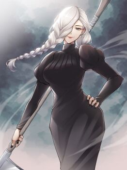 1girl axe black_dress black_nails braid braided_bangs braided_ponytail breasts dress hair_over_face highres holding holding_axe jujutsu_kaisen long_hair long_sleeves looking_at_viewer mei_mei_(jujutsu_kaisen) one_eye_covered puffy_sleeves red_lips smile solo tight_clothes tight_dress turtleneck turtleneck_dress unyun white_hair