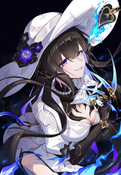 1girl :p absurdres bead_necklace beads black_flower black_hair blue_fire breasts burnt_clothes chain chain_around_arm claws cleavage colored_inner_hair commentary demon_horns demon_tail dress english_commentary enori_orz fire flame-tipped_tail flower gold_trim hat hat_flower highres honkai:_star_rail honkai_(series) horns jewelry large_breasts long_hair looking_at_viewer mole mole_under_eye multicolored_hair necklace purple_eyes sun_hat tail the_dahlia_(honkai:_star_rail) thigh_strap tongue tongue_out very_long_hair white_dress