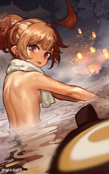 1girl absurdres ahoge brown_hair commentary english_commentary gigi_murin highres hololive hololive_english multicolored_hair naked_towel onsen partially_submerged pink_eyes sakaste short_hair steam tail tongue tongue_out towel twintails two-tone_hair virtual_youtuber