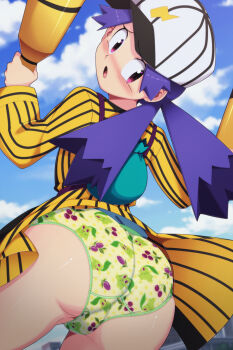 1girl accidental_exposure ass ass_focus backpack bag baseball_cap blush cameltoe casey_(pokemon) chikorita day embarrassed euf-dreamer female_focus from_behind from_below gen_2_pokemon green_panties hair_flaps hands_up hat highres legs long_hair long_sleeves looking_back matching_hair/eyes nintendo open_mouth outdoors panties pokemon pokemon_(anime) print_panties purple_eyes purple_hair shiny_skin sky standing straight_hair thighs turning_head twintails underwear upskirt wardrobe_malfunction