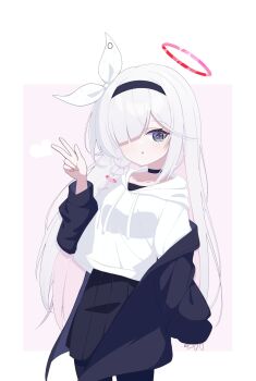 Rule 34 | 1girl, blue archive, cinamon (cinamori), grey eyes, hairband, highres, long hair, long sleeves, off shoulder, plana (blue archive), solo, standing, white background, white hair
