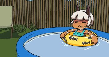 1girl :3 animated animated_gif backyard bob_cut closed_eyes dark-skinned_female dark_skin fang grass inflatable_pool innertube minawa108 ms._fortune_(skullgirls) outdoors pool scar short_hair skullgirls smile solo swim_ring swimsuit white_hair