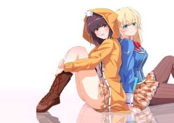 2girls absurdres animal animal_on_head aqua_eyes arm_support asakura_karen_(heaven_burns_red) back-to-back black_hair blonde_hair blue_jacket blunt_bangs blush boots bow bowtie breasts brown_eyes brown_hair brown_pantyhose brown_skirt closed_mouth different_reflection eyelashes eyes_visible_through_hair feet_out_of_frame frilled_skirt frills from_side green_eyes hair_between_eyes hair_ribbon heaven_burns_red highres hood hood_up hooded_jacket hoodie hugging_own_legs jacket knees_up kyamiuu lace-up_boots large_breasts legs_together light_blush long_hair long_sleeves looking_at_viewer miniskirt multiple_girls on_head open_clothes open_jacket open_mouth orange_hoodie orange_jacket pantyhose plaid_clothes plaid_skirt pleated_skirt red_bow red_bowtie red_ribbon reflection reflective_floor ribbon school_uniform shirt shy sidelocks simple_background sitting skirt smile straight_hair striped_clothes striped_pantyhose thighs toujou_tsukasa vertical-striped_clothes vertical-striped_pantyhose white_background white_bow white_ribbon white_shirt yellow_eyes yellow_jacket