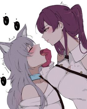 2girls absurdres animal_ears arnkun bare_shoulders black_choker blue_collar blush breasts choker cleavage_cutout closed_eyes closed_mouth clothing_cutout collar collared_shirt detached_sleeves dog_ears eyeshadow flat_chest gloves grey_hair hair_between_eyes hand_up heart high_ponytail highres holding holding_leash honkai:_star_rail honkai_(series) kafka_(honkai:_star_rail) kemonomimi_mode large_breasts leash long_hair long_sleeves looking_at_another makeup multiple_girls off-shoulder_shirt off_shoulder open_mouth pink_eyeshadow pink_lips ponytail purple_eyes purple_gloves purple_hair saliva shirt short_sleeves sidelocks simple_background sleeveless sleeveless_shirt smile spoken_heart stelle_(honkai:_star_rail) t-shirt tongue tongue_out trailblazer_(honkai:_star_rail) trembling upper_body white_background white_shirt yuri
