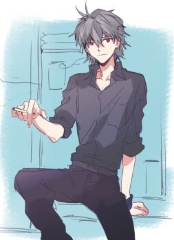 Rule 34 | 1boy, between fingers, black pants, cigarette, closed mouth, collared shirt, commentary request, grey hair, grey shirt, hair between eyes, highres, holding, holding cigarette, looking at viewer, male focus, nagisa kaworu, neon genesis evangelion, pants, red eyes, shirt, shirt tucked in, sitting, sleeves rolled up, solo, yorumi1117