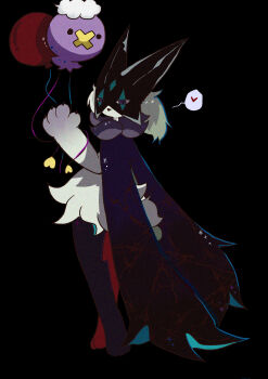 1other :3 absurdres alternate_color animal_feet balloon black_background black_fur body_fur drifloon from_behind full_body gen_4_pokemon grey_fur grey_hair happy heart highres holding holding_balloon mendako_(tyatyaumai29) meowscarada nintendo open_mouth other_focus pokemon pokemon_(creature) purple_eyes shiny_pokemon short_hair short_tail simple_background smile solo_focus speech_bubble spoken_heart standing tail two-tone_fur