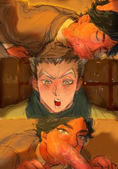 2boys after_fellatio akaashi_keiji alternate_costume blush bokuto_koutarou cum cum_on_body erection facial haikyuu!! hand_on_another&#039;s_head highres koukiki9 looking_at_another male_focus multicolored_hair multiple_boys open_mouth penis round_eyewear short_hair sketch teeth tongue two-tone_hair veins veiny_penis white_hair yaoi yellow_eyes
