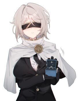 1girl black_gloves black_jacket black_necktie blindfold blush breasts buttons capelet commentary_request faust_(project_moon) formal_clothes gloves grey_hair highres holding index_(identity)_(project_moon) jacket jewelry korean_commentary large_breasts layer_(layer_illust) limbus_company long_sleeves marriage_proposal necktie open_mouth pov project_moon ring short_hair simple_background suit teeth white_capelet