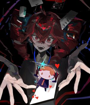 2girls absurdres ahoge black_jacket black_skirt black_sleeves blister_pack chibi collared_shirt commentary crazy_smile drill_hair fangs hair_between_eyes heart highres hito_mania_(utau) jacket kasane_teto kasane_teto_(utau) kuma_(yoooooooo152) long_hair looking_at_viewer multiple_girls necktie open_mouth pill pill_bottle red_eyes red_hair red_necktie shirt skirt smile twin_drills upper_body utau white_shirt wide-eyed