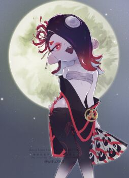 1girl black_hair black_pants black_shawl chest_sarashi commentary english_commentary feet_out_of_frame flower folding_fan full_moon gradient_hair hair_flower hair_ornament hair_over_one_eye hand_fan highres holding holding_fan medium_hair moon multicolored_hair nintendo octoling official_alternate_costume official_alternate_hair_color open_mouth pants print_fan red_eyes red_flower red_hair red_trim sarashi shawl shiver_(splatoon) shiver_(splatoween)_(splatoon) short_eyebrows smile solo spider_lily splatoon_(series) splatoon_3 tentacle_hair thick_eyebrows two-tone_hair utfu333 watermark