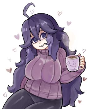 Rule 34 | 1girl, @ @, ahoge, alternate breast size (larger), alternate costume, bags under eyes, black pants, breasts, casual, commentary, cowboy shot, cup, drawfag, english commentary, fingernails, hair between eyes, heart, hex maniac (pokemon), hex maniac (pokemon xy), highres, holding, holding cup, hot chocolate, huge ahoge, large breasts, long hair, long sleeves, looking at viewer, mug, nail polish, nintendo, pants, parted lips, pokemon, pokemon xy, purple eyes, purple hair, purple nails, purple sweater, ribbed sweater, sitting, smile, solo, steam, sweater, turtleneck, turtleneck sweater