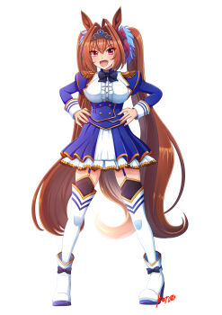 Rule 34 | 1girl, absurdres, aiguillette, animal ears, black thighhighs, blue jacket, blush, boots, bow, breasts, brown hair, center frills, commentary request, daiwa scarlet (peak blue) (umamusume), daiwa scarlet (umamusume), epaulettes, fang, framed breasts, frills, full body, garter straps, hair intakes, highres, horse ears, horse girl, horse tail, jacket, juliet sleeves, konsu (konsu1182da), large breasts, layered legwear, layered skirt, long hair, long sleeves, looking at viewer, open mouth, puffy sleeves, red eyes, shirt, simple background, skirt, smile, solo, tail, thighhighs, tiara, twintails, umamusume, very long hair, white background, white boots, white shirt, white skirt, white thighhighs