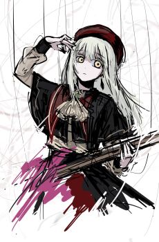 Rule 34 | 1girl, ascot, bang dream!, bang dream! it's mygo!!!!!, beret, black capelet, capelet, commentary, electric guitar, green hair, guitar, hashtag-only commentary, hat, highres, holding, holding guitar, holding instrument, holding plectrum, instrument, long hair, long sleeves, mortis (bang dream!), mortis (costume) (bang dream!), plectrum, puppet strings, red hat, shoushud, solo, wakaba mutsumi, white ascot, yellow eyes