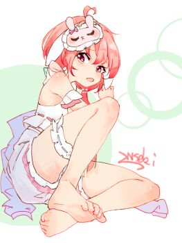 1girl ahoge animal_ears bare_shoulders chinese_commentary commentary_request feet frilled_shirt_collar frilled_shorts frilled_thigh_strap frills full_body heart heart_ahoge highres indie_virtual_youtuber inseki11 light_blush looking_at_viewer lop_rabbit_ears mask mask_on_head off-shoulder_shirt off_shoulder pajamas pink_eyes pink_hair rabbit_ears rabbit_mask ribbon-trimmed_shirt ribbon_trim shirako_(vtuber) shirt shorts signature sitting sleep_mask solo thigh_strap virtual_youtuber white_background white_shirt white_shorts yokozuwari