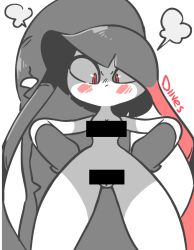 1girl 2018 angry ass bar_censor blush breasts censored censored_nipples diives english_text female_focus gaghiel_(diives) gen_3_pokemon heavy_breathing looking_at_viewer mawile nintendo nude open_mouth partially_colored patreon pokemon pokemon_(creature) pokemon_rse pussy red_eyes signature simple_background solo watermark white_background