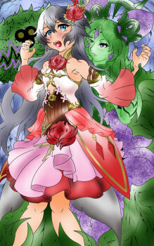 Rule 34 | 1girl, alraune, alraune (grimms notes), bare shoulders, blue eyes, breasts, colored skin, green skin, grey hair, grimms notes, highres, jheonpnnhk7pybb, long hair, monster girl, open mouth, plant girl, restrained, rose fairy unfan (grimms notes), teeth, upper teeth only